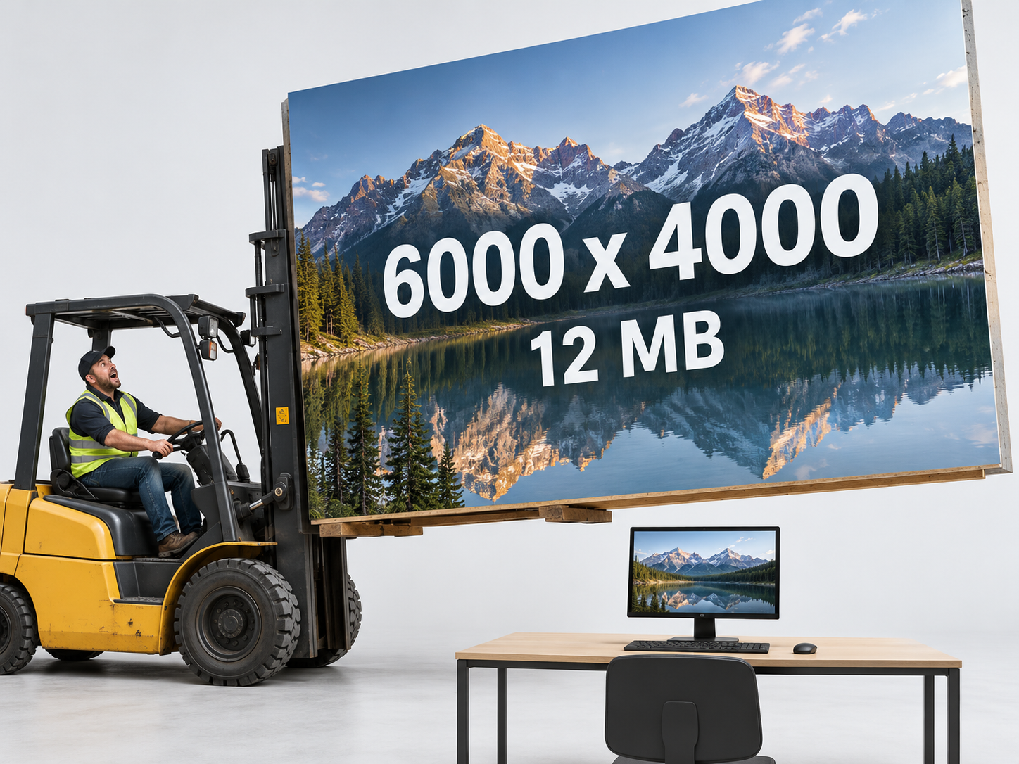 HugeImage Forklift moving an oversized image file above a desktop computer to illustrate poor web image optimization